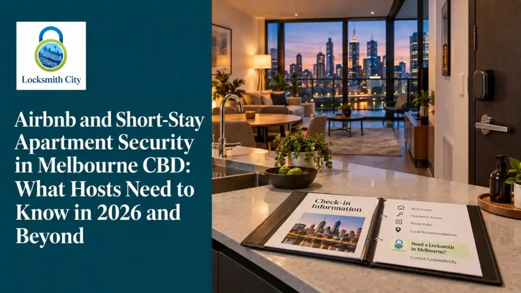 Melbourne CBD short-stay apartment with a smart lock and check-in booklet on the kitchen bench