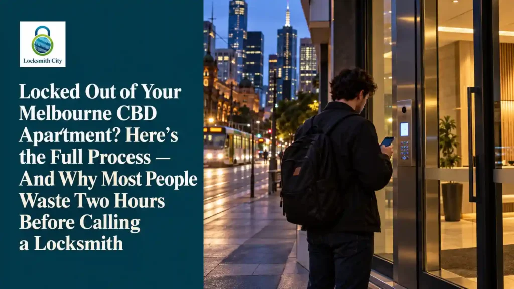 Resident checking an apartment lobby intercom on a Melbourne CBD street at dusk