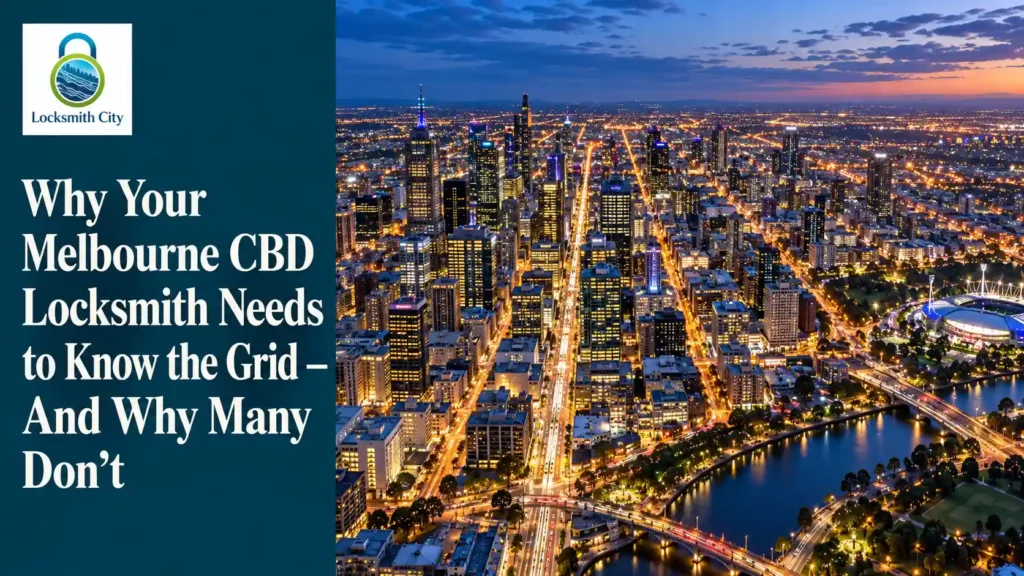 Aerial view of Melbourne CBD’s street grid at dusk, with the Yarra River and illuminated city buildings